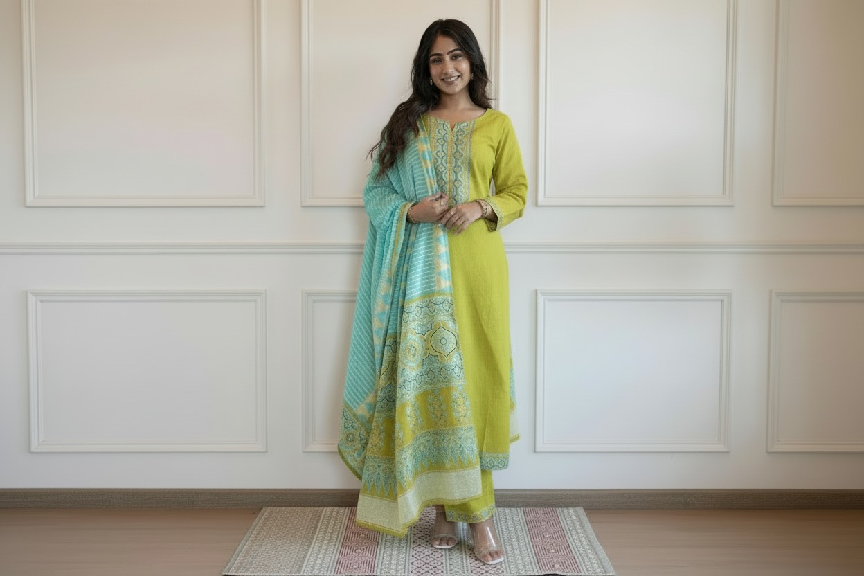 Green CottonSlub 3pc DupattaSet