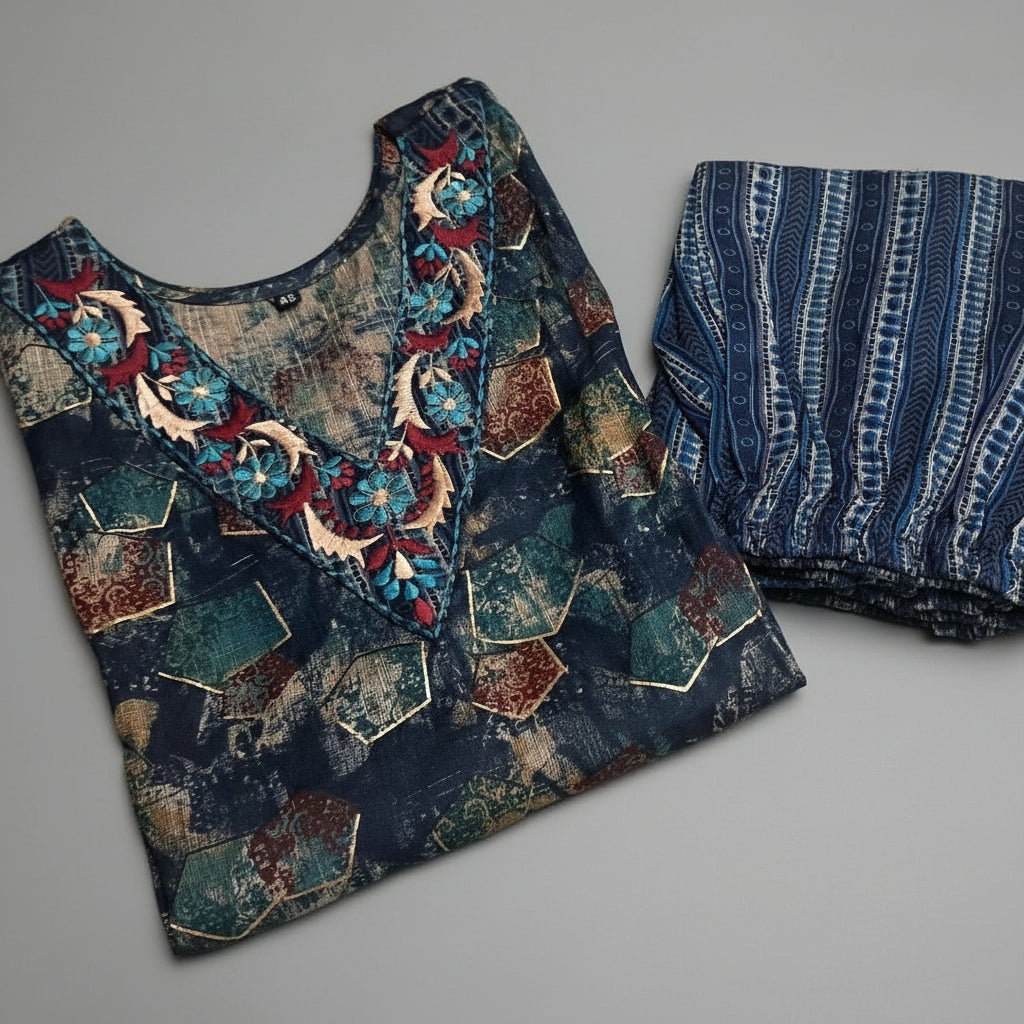 Dark Blue Rayon Raya 2PC - Kurti Set
