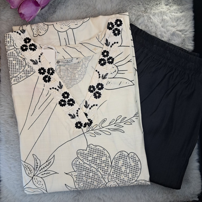 Black White Rayon 2PC Kurti Set