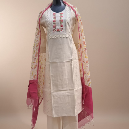 White Cotton 3pc Dupatta Set