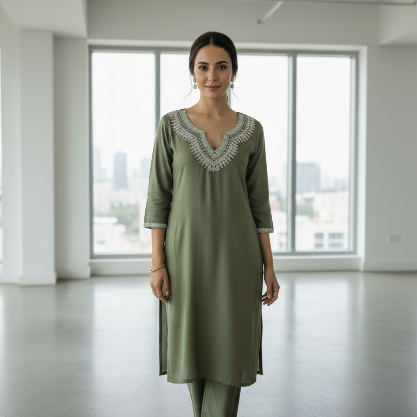 MehendiGreen GadwaliSilk 2PC Kurti Set