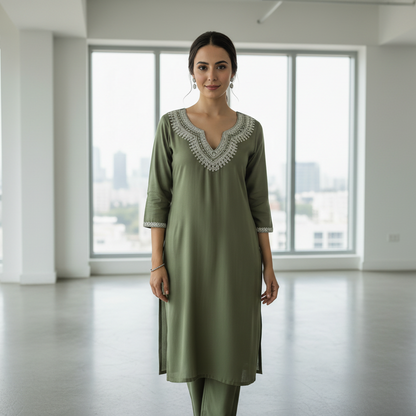 MehendiGreen GadwaliSilk 2PC Kurti Set