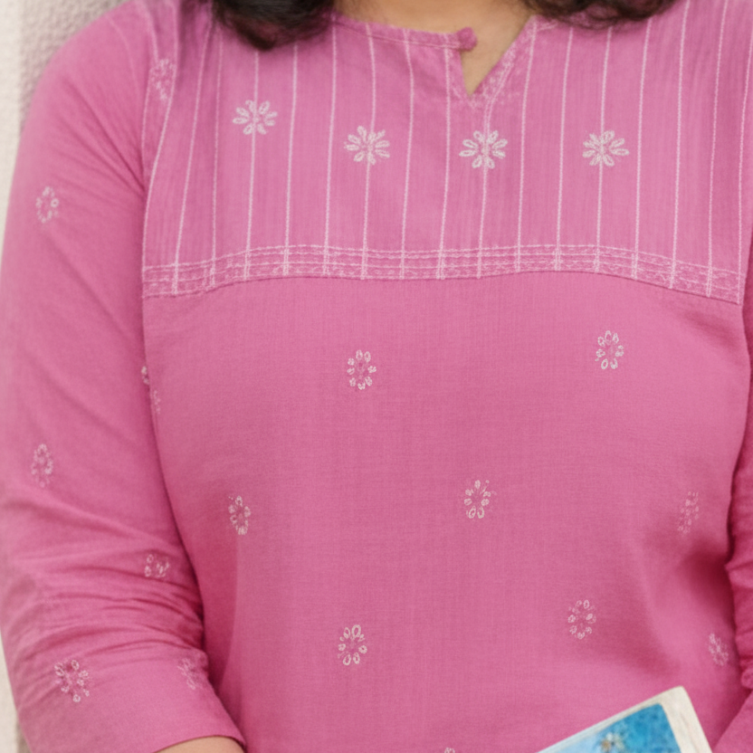 Pink HandloomCotton Maher KurtiSet
