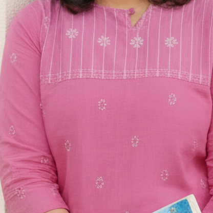 Pink HandloomCotton Maher KurtiSet