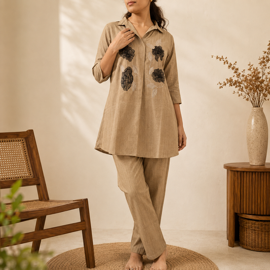 WarmBrown CottonRayon Shirt CoOrdSet
