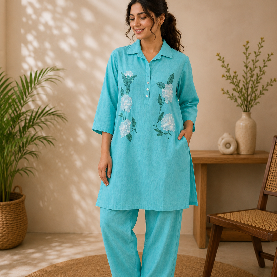 Turquoise CottonRayon Shirt CoOrdSet