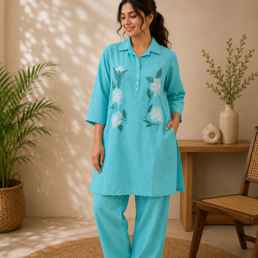 Turquoise CottonRayon Shirt CoOrdSet