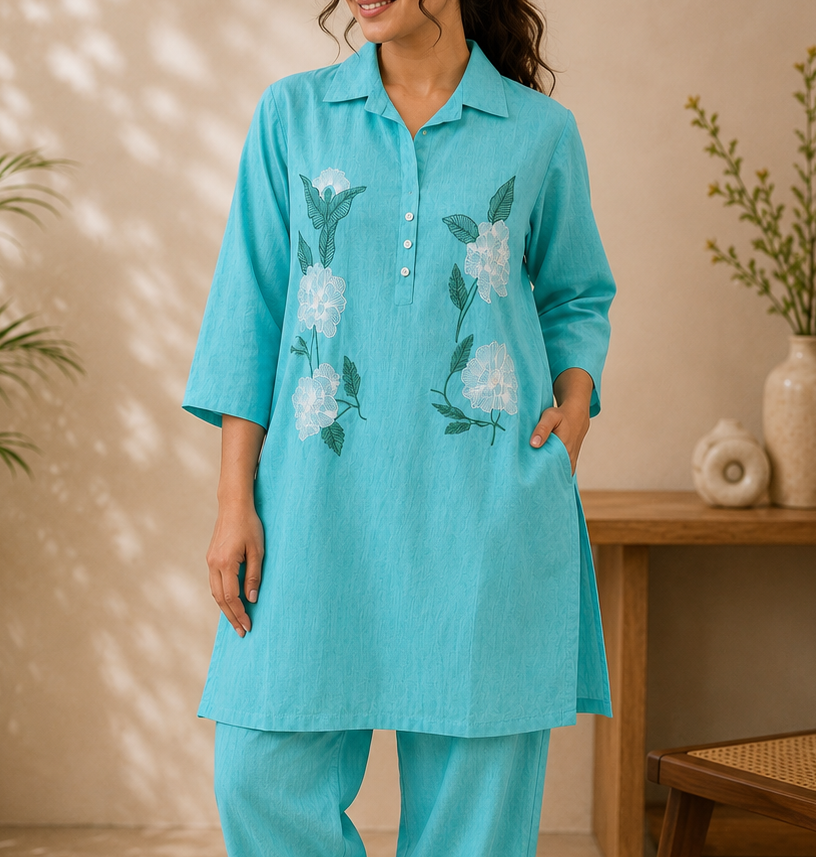 Turquoise CottonRayon Long Shirt