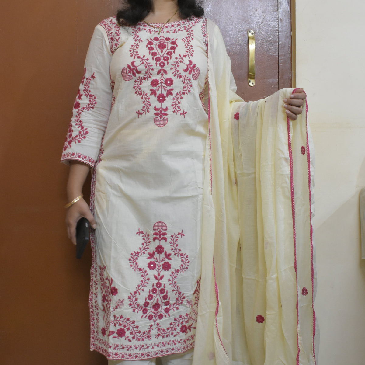 Red and White Cotton Arohi 3pc Dupatta Set