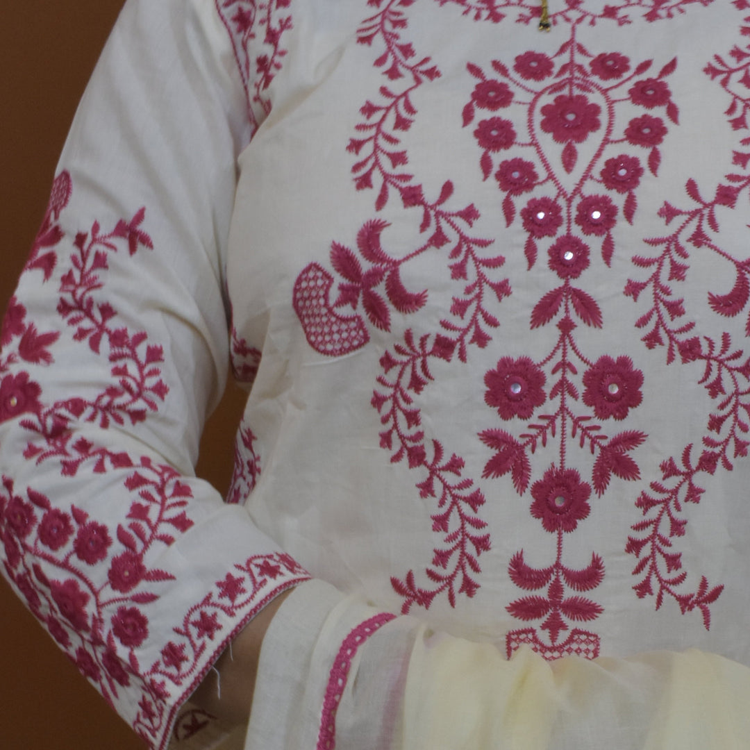 Red and White Cotton Arohi 3pc Dupatta Set