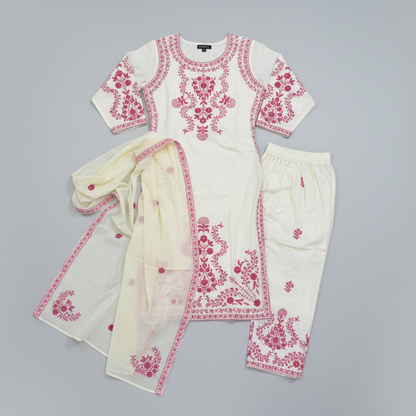 Red and White Cotton Arohi 3pc Dupatta Set