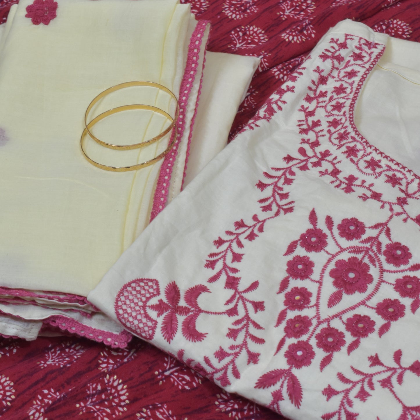 Red and White Cotton Arohi 3pc Dupatta Set