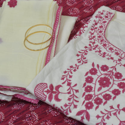 Red and White Cotton Arohi 3pc Dupatta Set