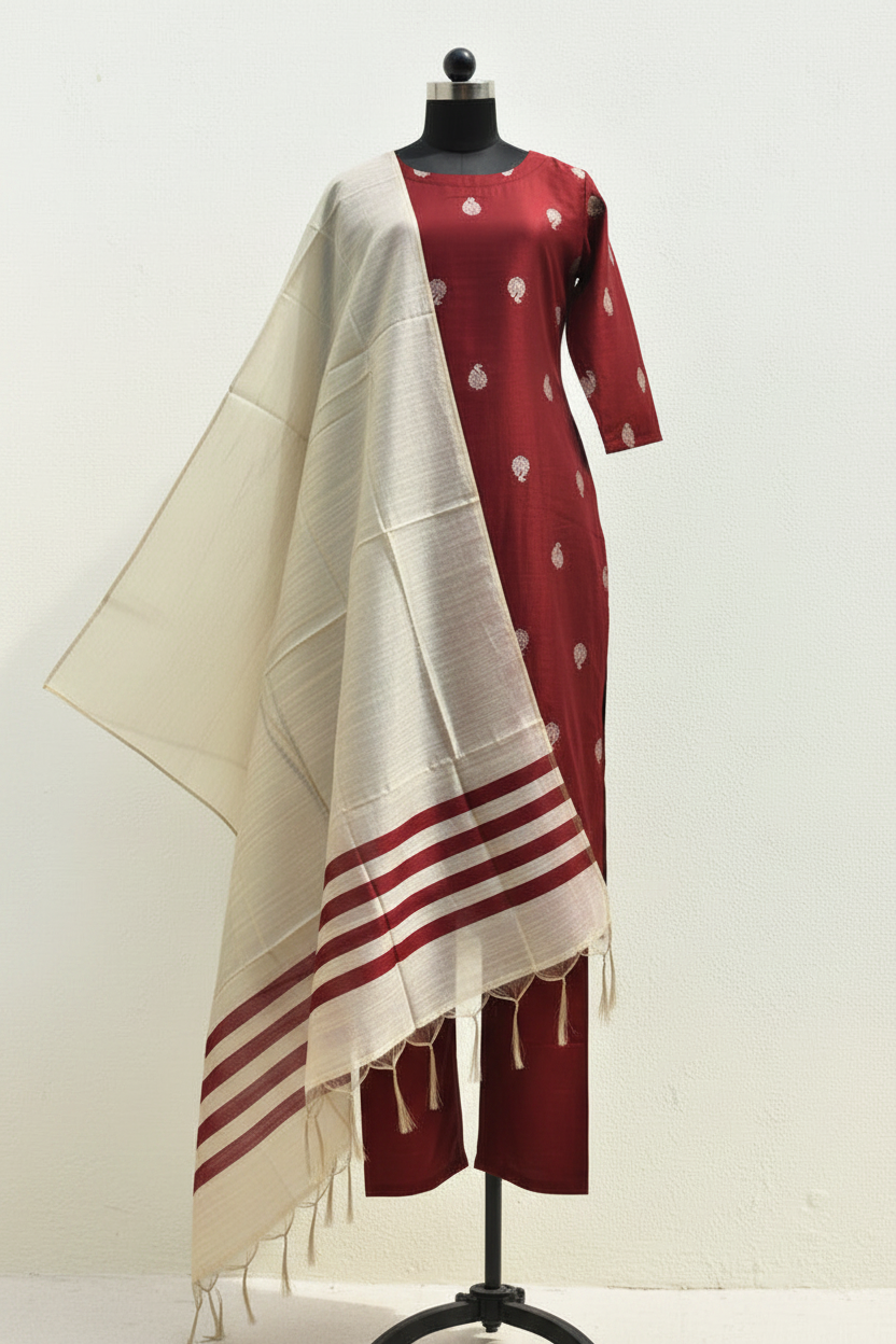 MaroonRed SouthSilk DupattaSet