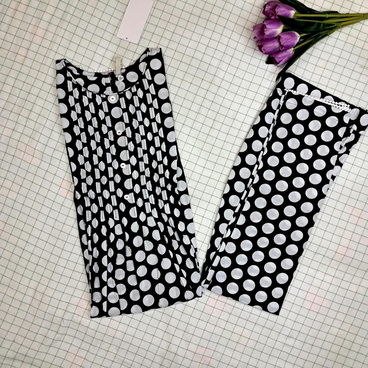 Black White Cotton KurtiSet