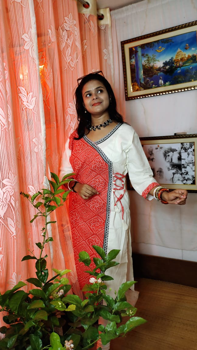 Red White CottonAngrakha  Kurti