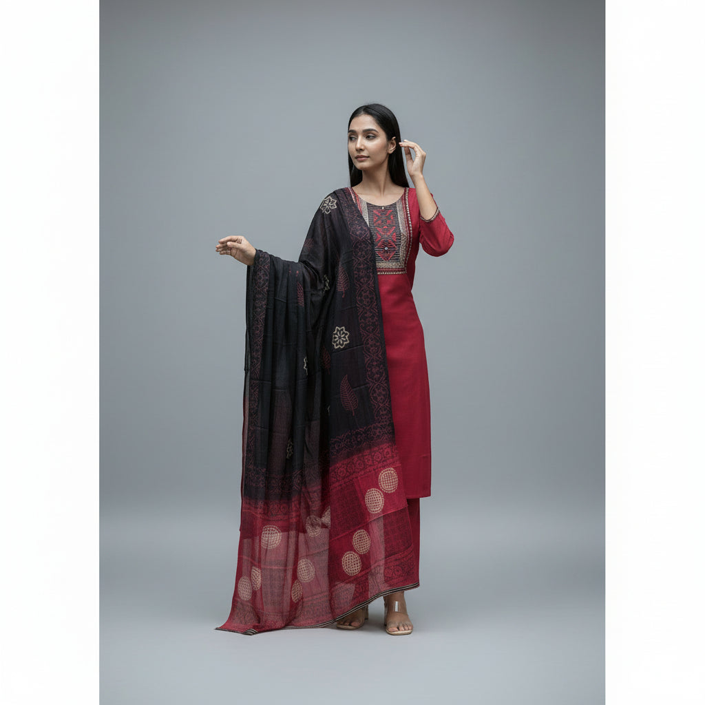 Maroon PureCotton 3pc Dupatta Set