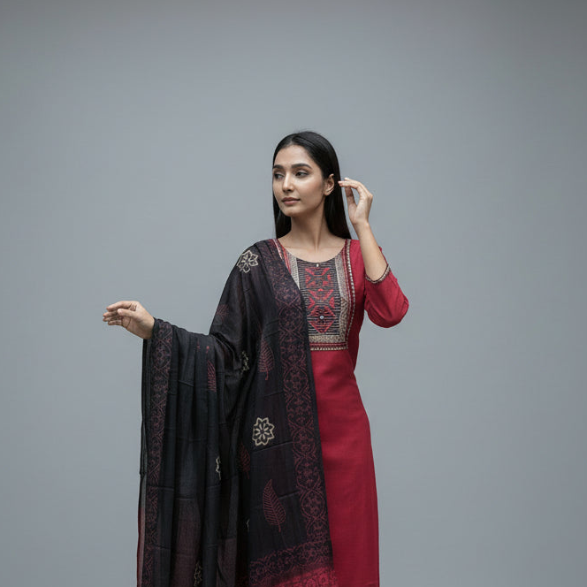 Maroon PureCotton 3pc Dupatta Set