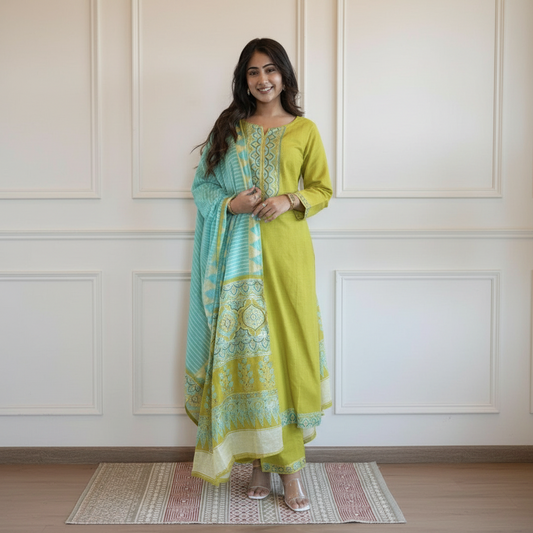 Green CottonSlub 3pc DupattaSet