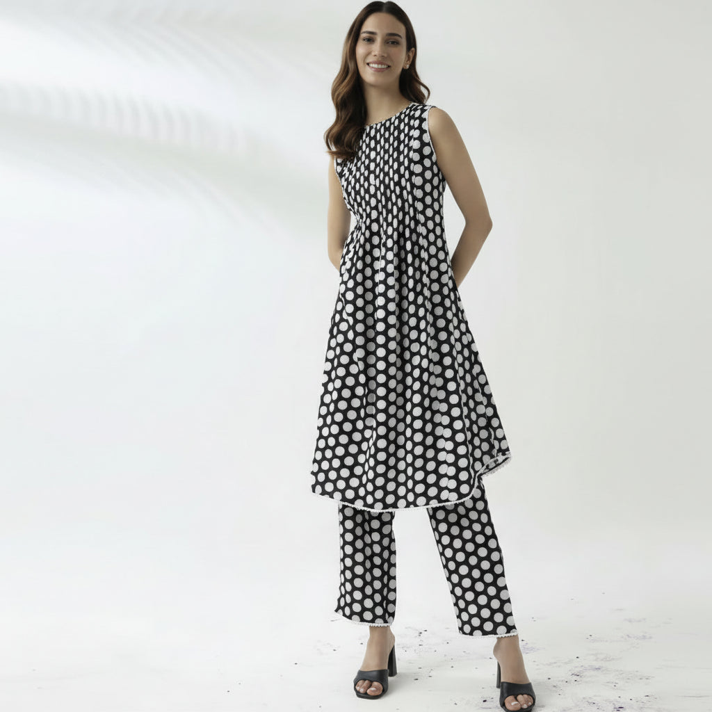 Black White Cotton KurtiSet
