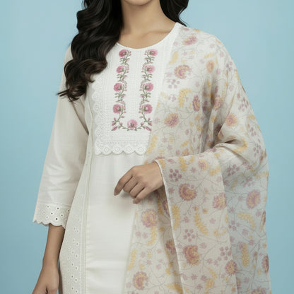 White Cotton 3pc Dupatta Set