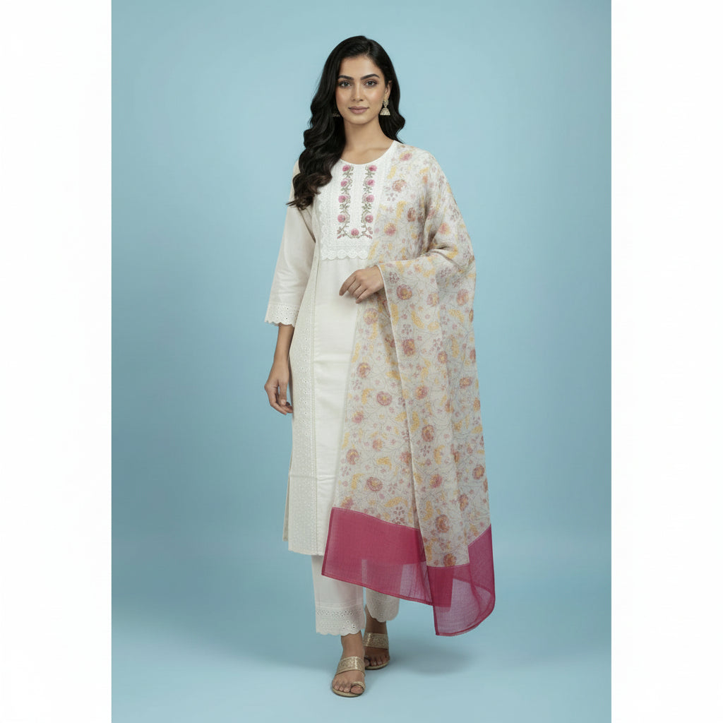 White Cotton 3pc Dupatta Set