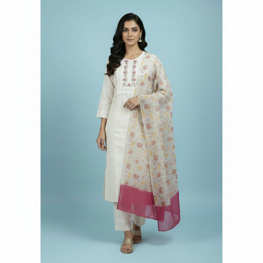 White Cotton 3pc Dupatta Set