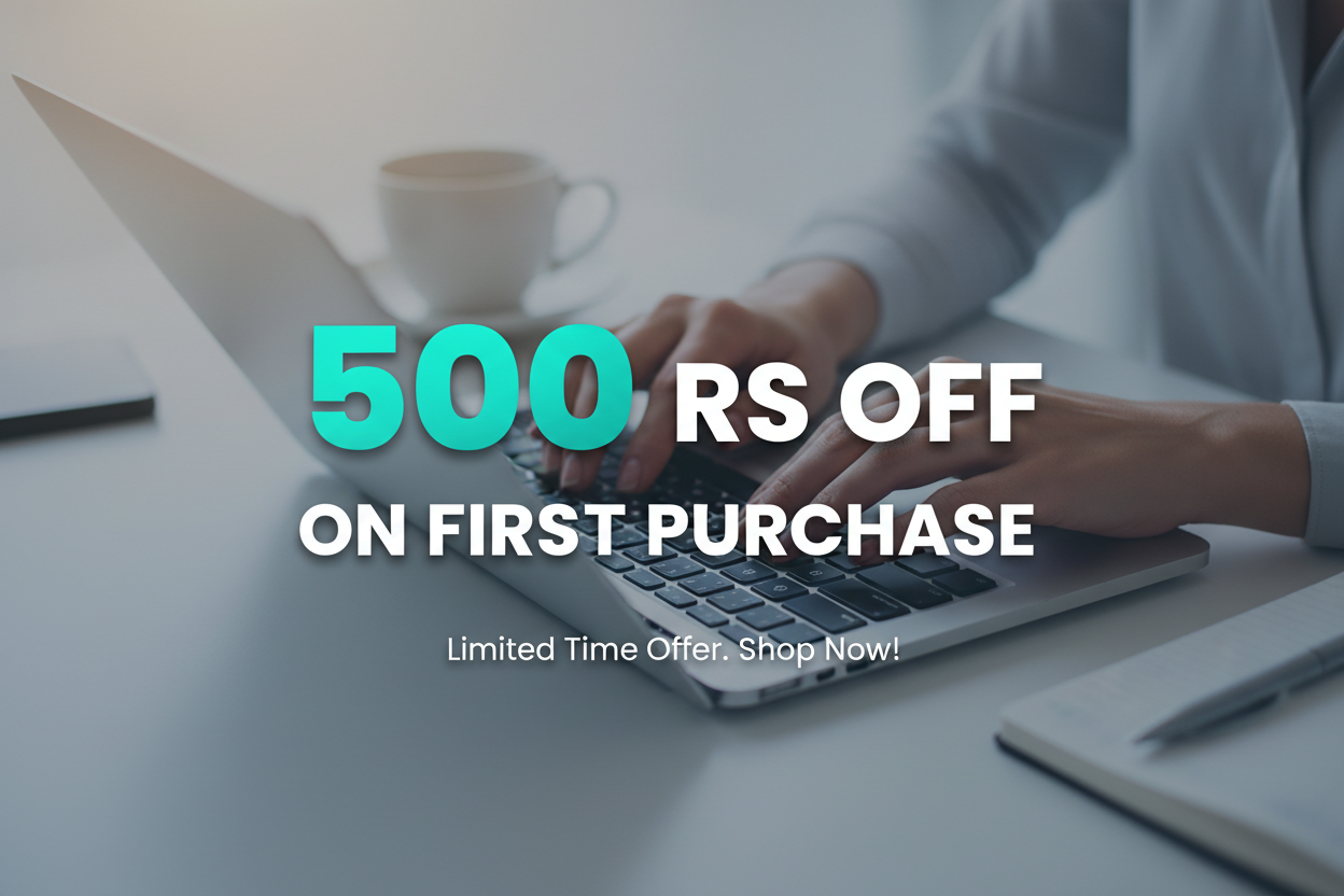 Act as a E-COMMERCE SALES ADVERTISEMENT BANNER editor,
bANNER SHOWS "500 RS OFF ON FIRST PURCHASE", WITH A SLIGHTLY BLURRED BACKGROUND OF
"female employees hands on keyboard typing" as if snap taken from above 
the discount banner should be adjustable with background. 
dISCOUNT TEXT SHOULD BE BIGGER AND FOCUSED RATHER THAN IMAGE