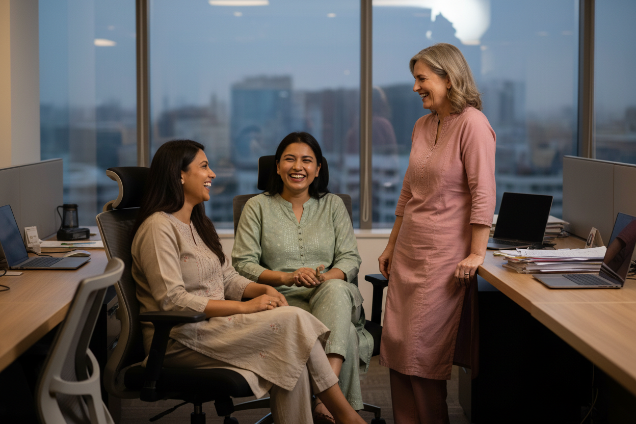 
Act as a fashion catalog editor,
create an image with 3 Indian working women wearing kurta pajama or solid pattern coord sets,
color of kurta should not be vibrant , rather sober tone
 1 lady having little darker tone skin, 1 from North East India, 1 fair skin midaged lady
are chit chatting in office environment, 2 of them are sitting on office chairs and 1 is standing casually and laughing
all are in happy Casual Mood,looks like gossiping after work.
background can have office desktops/laptops/window blur