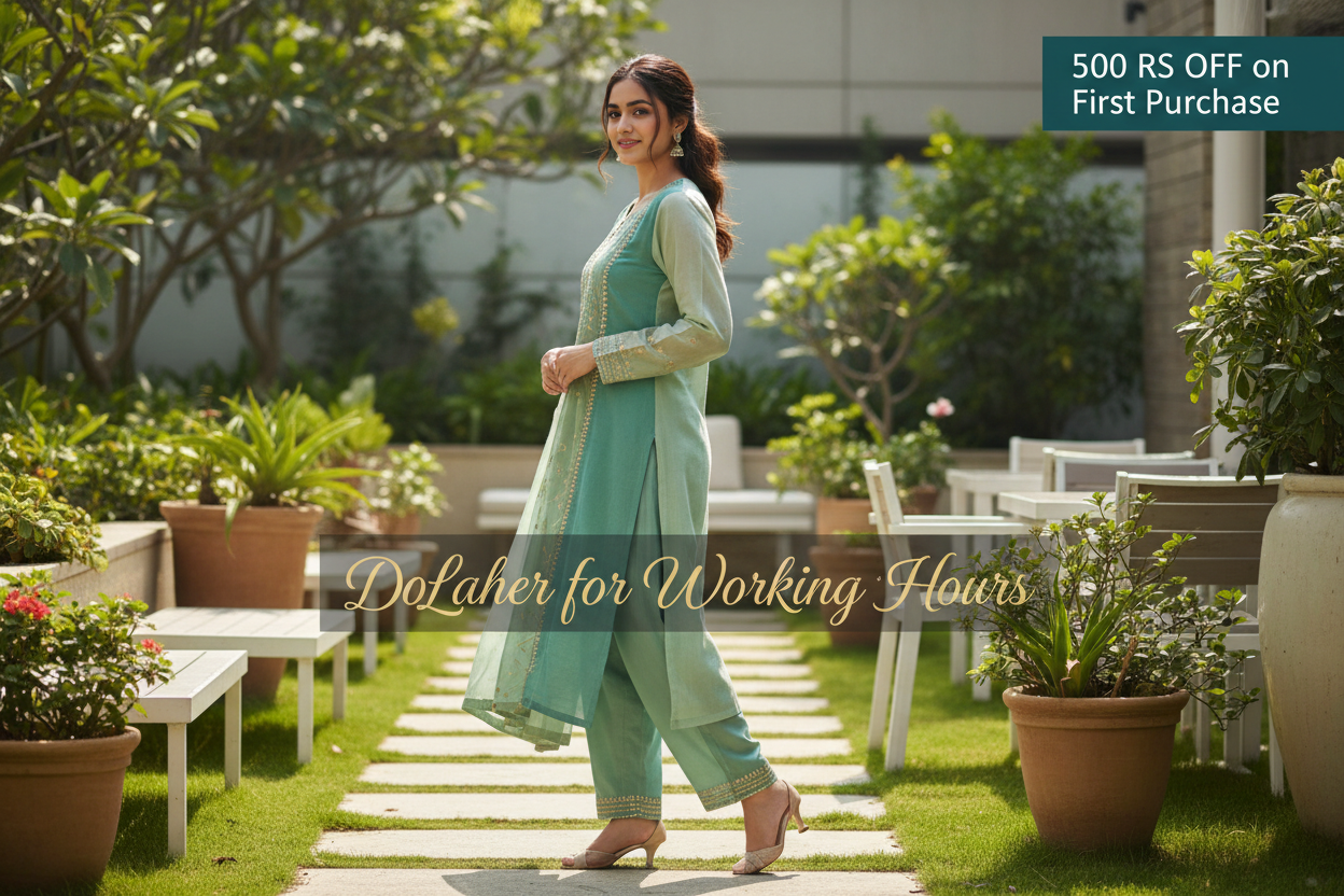 act as a fashion catalog editor create side view image of a female model wearing kurti pajama  and full body pose, REALISTIC IMAGE ,SPANNED HORIZONTALLY
BACKGROUND CAN BE AFTERNOON office garden set,
for e commerce with a sales banner of "500 RS OFF on First Purchase" at top right corner with 
 THEME COLOUR #135e6c, dress can have similar or lighter shade of green
 ON THE exact CENTER OF THE IMAGE ONE TEXT WRITTEN AS "DoLaher for Working Hours" WRITTEN IN CURSIVE HANDWRITING
