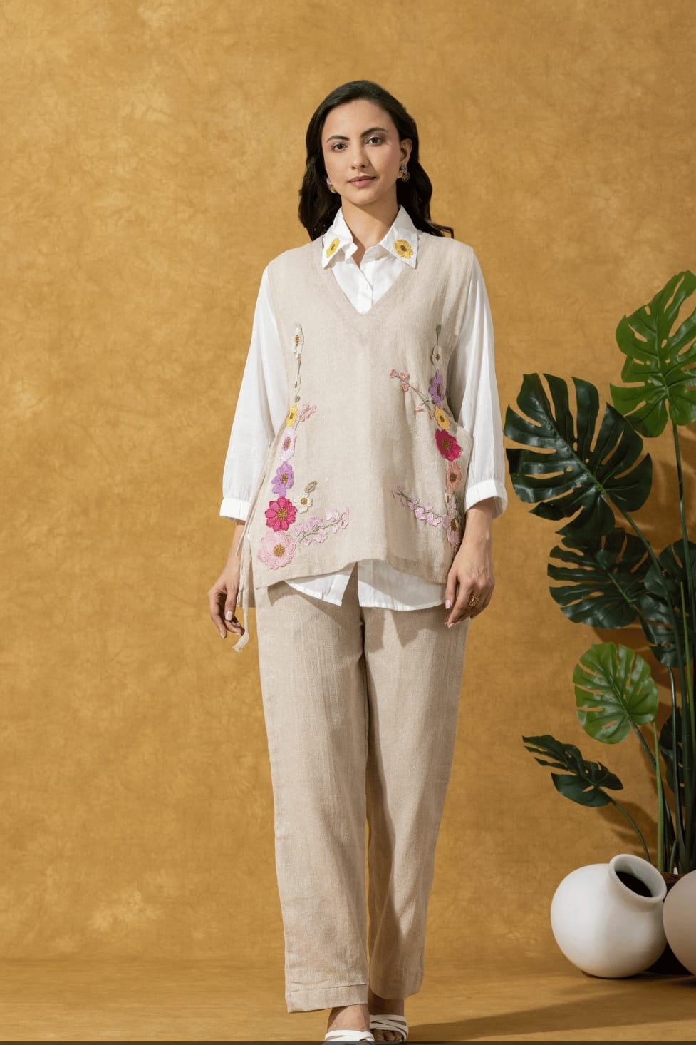 White JuteCotton Shirt CoordSet