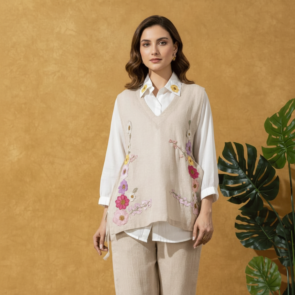 White JuteCotton Shirt CoordSet