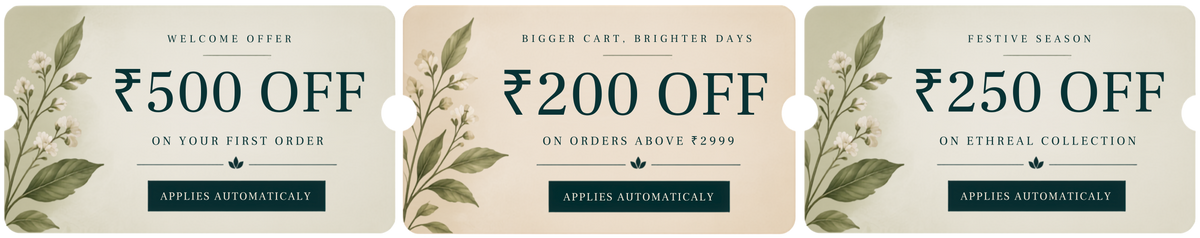 Three promotional coupon cards arranged side by side on a white background. The cards are cream and beige with dark green text and botanical leaf illustrations along the left side.